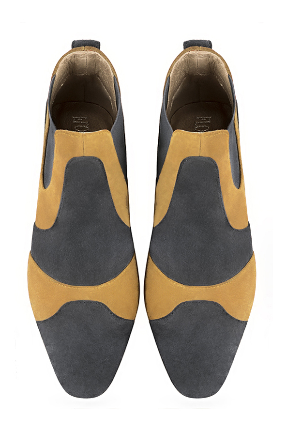 Dark grey and mustard yellow women's ankle boots, with elastics. Round toe. Low flare heels. Top view - Florence KOOIJMAN